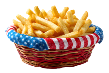 basket of fries wrapped in red, white, blue paper. Food for 4th of July American celebration. png cut-out transparent background.