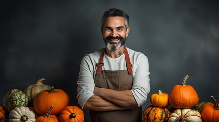 Portrait of smiling man with pumpkins for halloween or thanksgiving autumn harvest season concept design