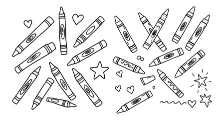 hand drawn crayons with doodle hearts and stars vector