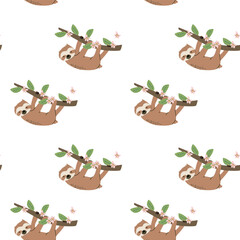 Tropical sloth pattern with butterflies and leaves for nature-inspired design.
