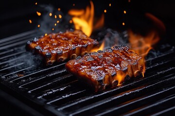 A video of two pork ribs being grilled on an electric grill, with flames underneath them.