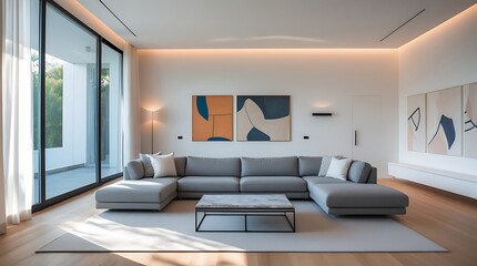 A sunlit living room in a modern minimalist home, featuring white walls, natural wood flooring, large floor-to-ceiling windows with sheer curtains, a low-profile gray sectional sofa.