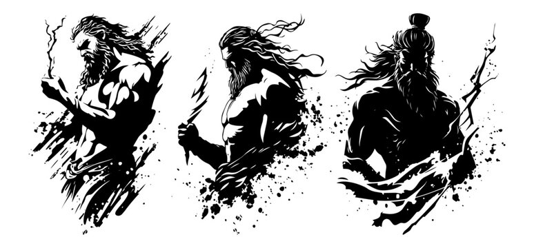 zeus god figures with lightning in dynamic ink silhouette vector