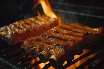 A video of two pork ribs being grilled on an electric grill, with flames underneath them.