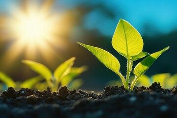 A view of the sunset behind young soybean plants growing in an open field, with sunlight shining