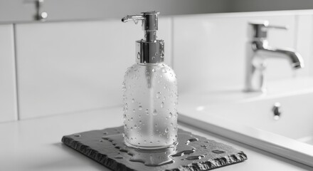 Wet Soap Dispenser on Slate Coaster in Modern Bathroom, Black and White