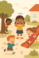 Happy diverse children playing hide and seek in a park. Girl counts with eyes covered while multicultural friends run and hide. Kids outdoor activity on a playground with a slide.