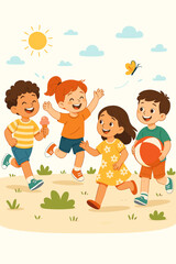 Happy diverse children playing outdoors in summer. Kids running in the park with a ball and ice cream. Cartoon vector illustration of childhood friendship and fun on a sunny day.