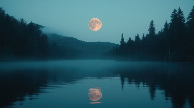 Misty lake at night, full moon reflection - Powered by Adobe