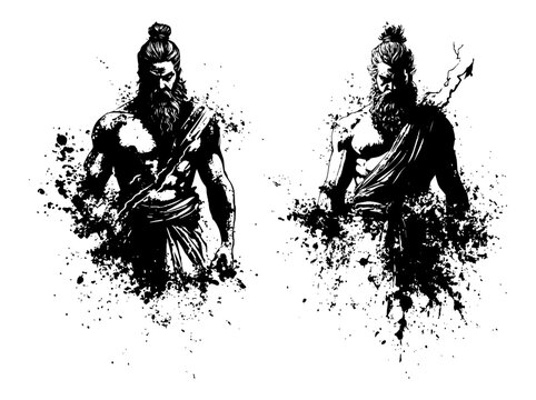 greek deities in powerful warrior poses ink vector style
