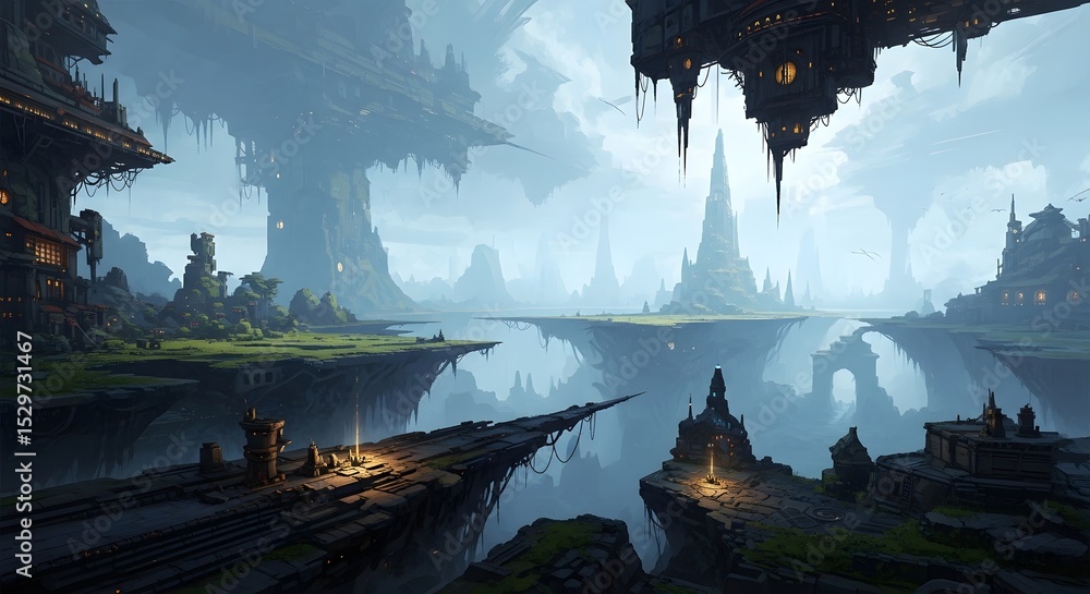 Poster pixelated fantasy landscape with floating islands glowing structures and atmospheric perspective evo