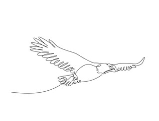 Continuous one line drawing of flying wild eagle. Eagle outline illustration. Editable vector.
