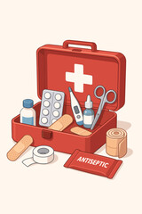 Red first aid kit vector illustration. Open medical box with emergency supplies like pills, bandages, thermometer, and scissors. Healthcare and medicine concept for survival and treatment.