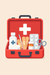 First aid kit vector illustration. Red medical box open with emergency supplies. Healthcare and medicine concept with bandage, pills, scissors, and thermometer for urgent treatment.