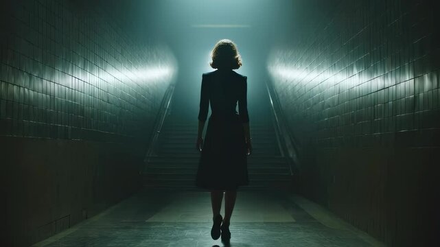 Elegant woman with a bob haircut and a midi dress walks away from the viewer, down a dimly lit subway tunnel, her silhouette framed against a mysterious light source at the end of the passage