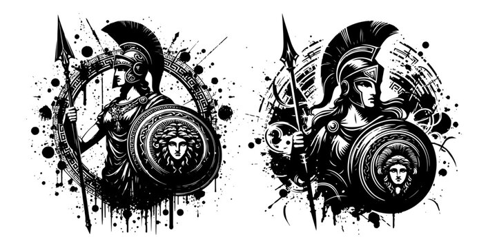 athena warrior goddess with spear and shield in grunge vector