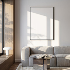 Frame mockup, ISO A paper size. Living room wall poster mockup. Interior mockup with house background. Modern interior design. 3D render
