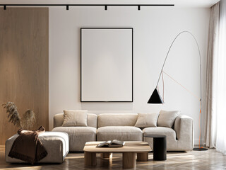 Frame mockup, ISO A paper size. Living room wall poster mockup. Interior mockup with house background. Modern interior design. 3D render
