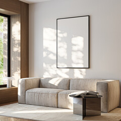Frame mockup, ISO A paper size. Living room wall poster mockup. Interior mockup with house background. Modern interior design. 3D render
