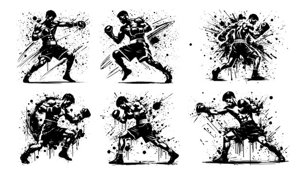 muay thai fighters in action poses with ink splatter vector