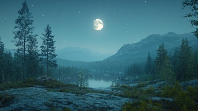Misty mountain lake at night under a full moon - Powered by Adobe