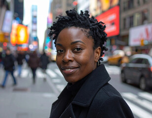 Black woman in black coat with short natural hair standing in Times Square