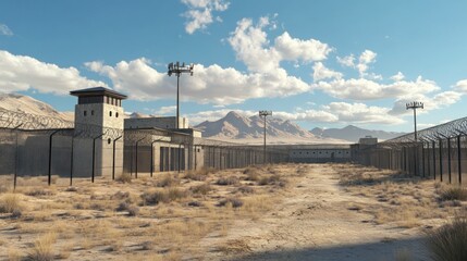 Panoramic view of a deserted prison complex in the middle of the desert, background wallpaper AI generated image