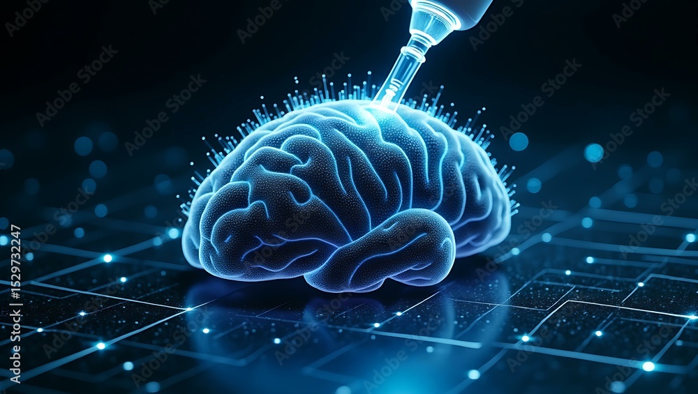 Poster a futuristic digital representation of a brain being injected with data, symbolizing advanced cognit
