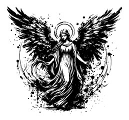 Obraz premium female angel with wings and halo in expressive ink vector