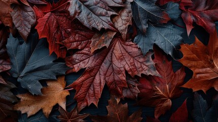 An artistic composition of autumn leaves showcasing a rich palette of red, brown, and dark hues, capturing the essence of the fall season and its natural beauty and transformation.