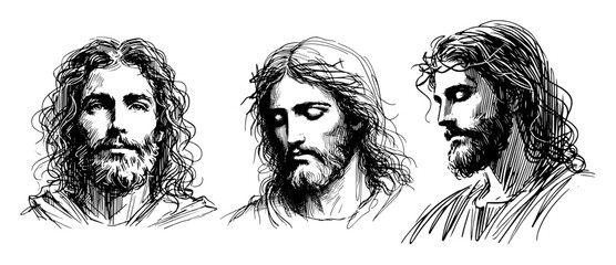 three sketches of jesus christ in pencil style portrait © Mago