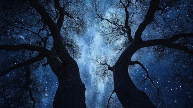 A star-filled night sky with two large trees standing out against the celestial backdrop.