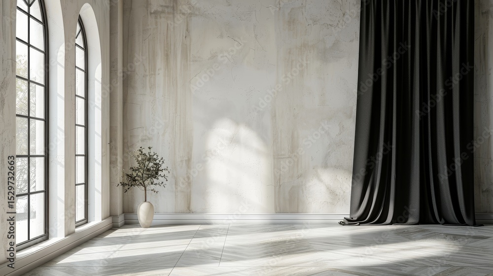 Poster a minimalist interior featuring a stark wall with arched windows and a single vase casting beautiful