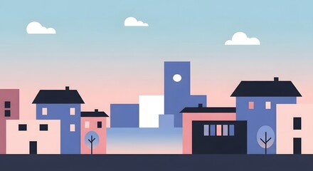 Obraz premium Pixelated cityscape at dawn featuring pastel hues of pink blue and white with stylized buildings clouds and a minimalist aesthetic