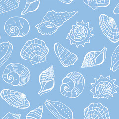 Shells seamless pattern. Hand drawn seashells on blue background.