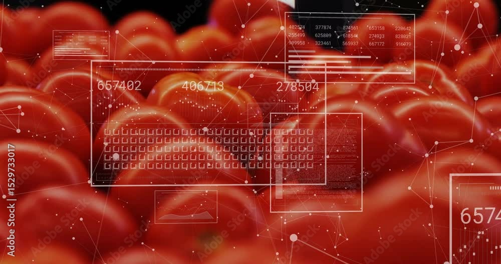 Poster data overlay initiating over red tomatoes, animating sliding panels updating numbers for analysis