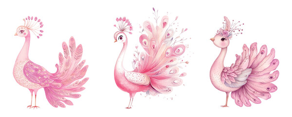 Set of fairy cartoon peacocks. Cute pink peacock with lush feathers watercolor. Concept of children's characters. Cute pink elements for children's girly designs. Baby pink birds.