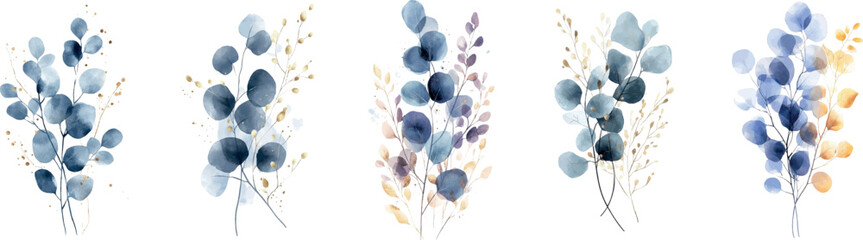 Set of watercolor blue and gold branches png. Elegant minimalist branches with blue leaves and gold watercolor additions. Elements for wedding designs, rustic designs, etc. Vector illustration.