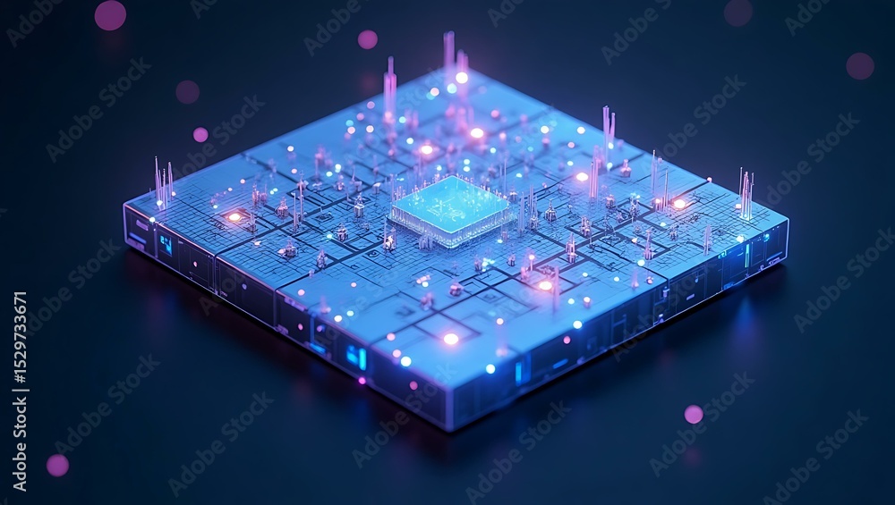 Poster futuristic microchip with glowing circuits and vibrant colors on a dark background, showcasing advan