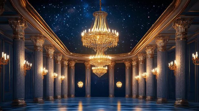 Elegant ballroom interior with chandeliers and starry night sky backdrop