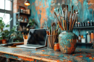 This artistic workspace features a rustic table filled with a vibrant collection of paintbrushes, a laptop, and colorful splatters, showcasing a creative atmosphere.