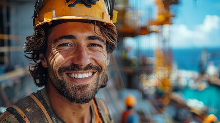 Fototapeta premium A cheerful construction worker, wearing a helmet and safety gear, smiles brightly while surrounded by a bustling worksite, showcasing pride and joy in his labor.