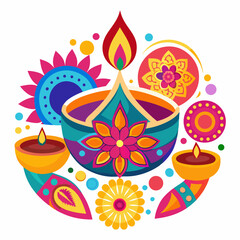 Traditional Diwali Oil Lamp and Rangoli Vector on White Background