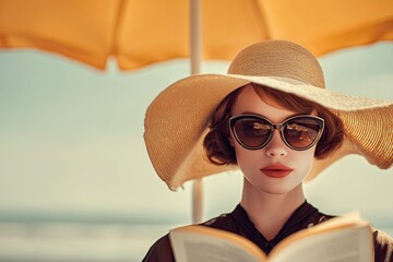 Chic woman in retro sunglasses and sunhat reading book on beach under umbrella in warm summer light