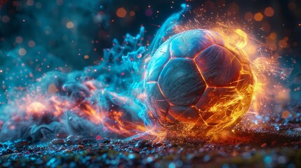 An electrifying soccer ball bursts with fiery colors, surrounded by vibrant energy, creating a dynamic and captivating scene that embodies action and sport.