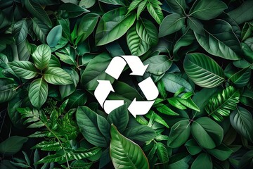 Eco-Friendly Concept: Recycling Symbol Amidst Vibrant Green Leaves for a Sustainable Future