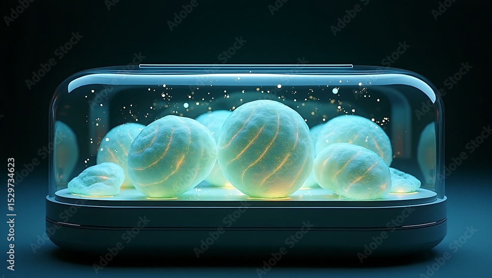 Poster a serene display of glowing spheres in a glass dome, illuminated with soft blue tones, creating an e