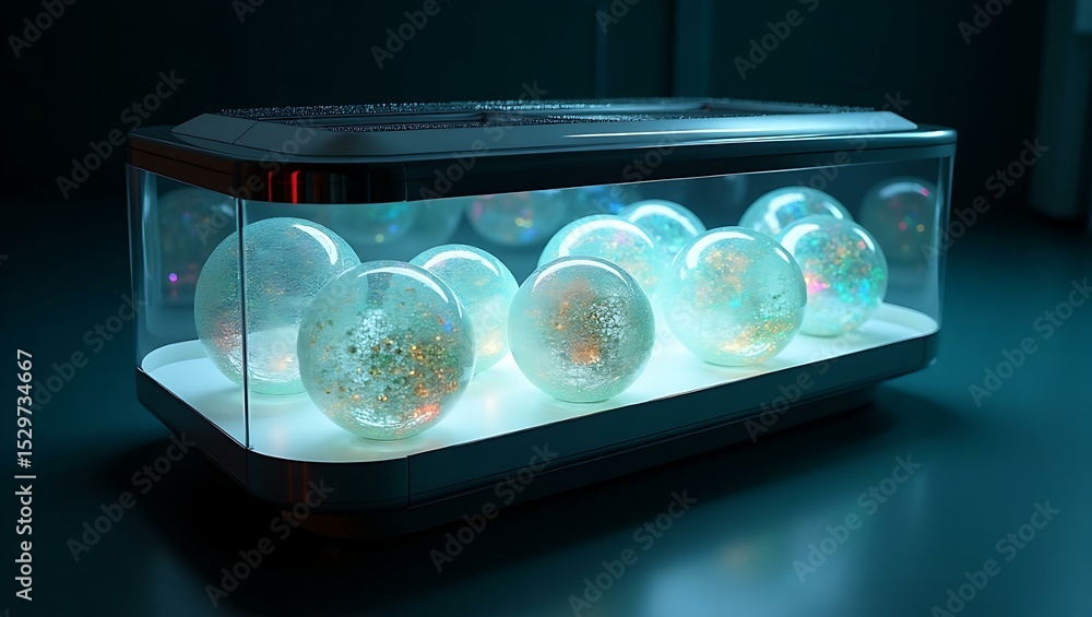 Poster a mesmerizing display of transparent glowing orbs with shimmering reflections inside a futuristic ca