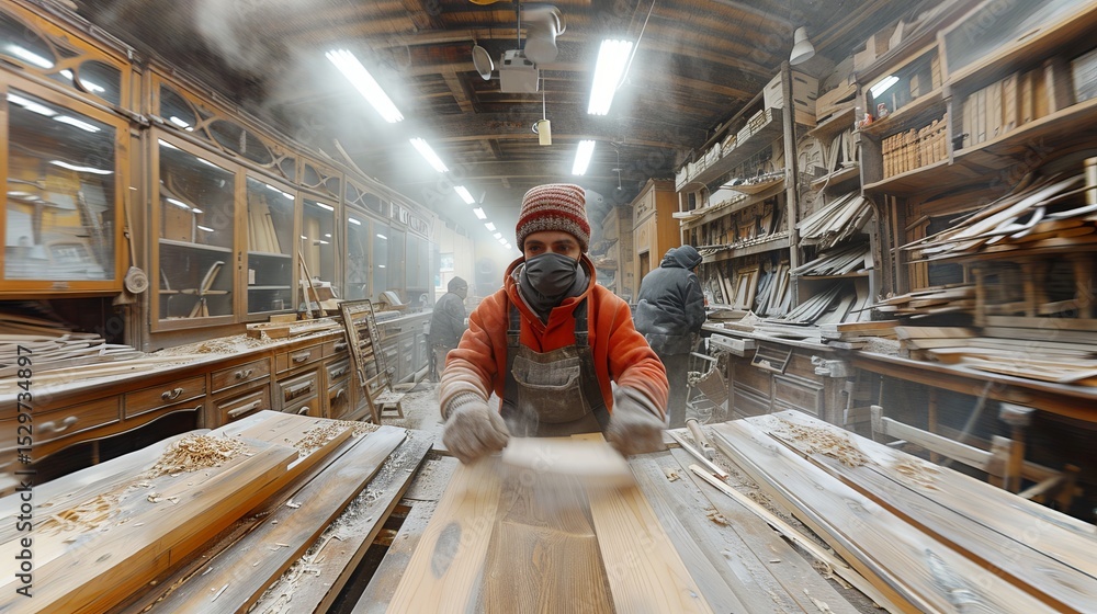Aufkleber this dynamic image captures a skilled woodworker in action within a bustling carpentry workshop, sur