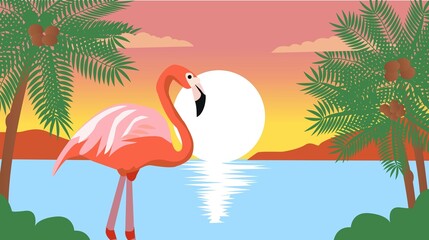 Pink flamingo standing in water at sunset with palm trees and a glowing sun in the background, tropical and peaceful scene